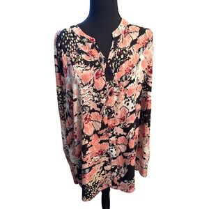 New Directions Curvy 3X Abstract Floral Print Tunic Blouse Button Frt Lg Sleeve
